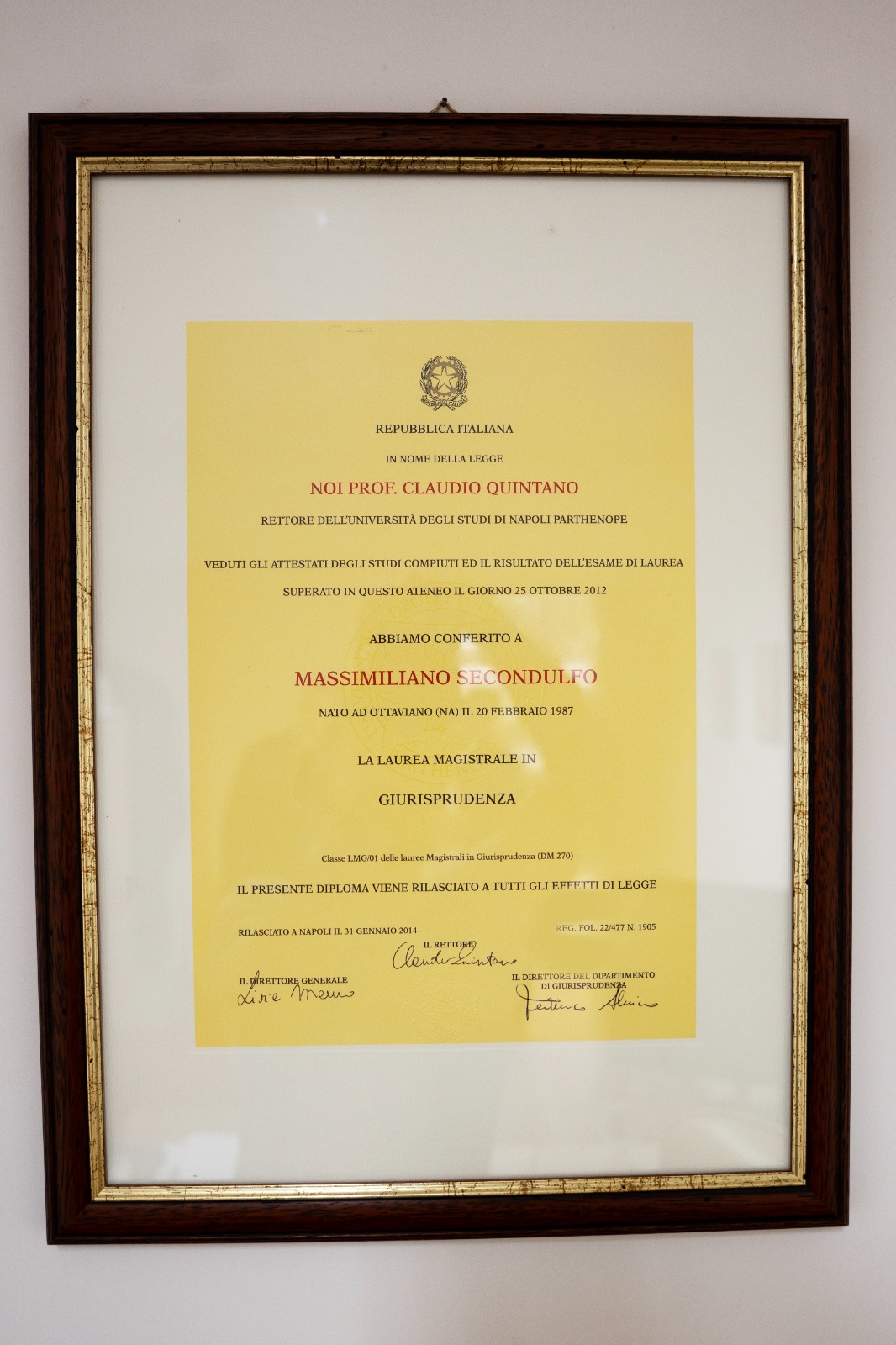 Diploma di laurea in Giurisprudenza di Massimiliano Secondulfo